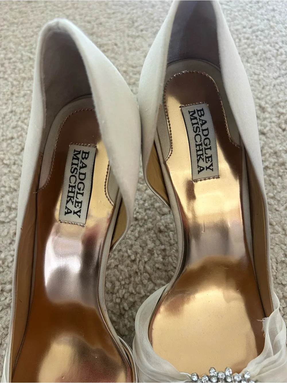 Badgley Mischka Ivory Satin Peep-Toe Heels with Crystal Brooch